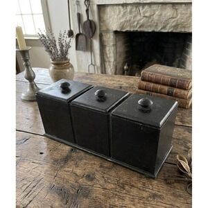 Antique Style Wood 3 Compartment Canister Box Black Farmhouse Cottagecore Decor